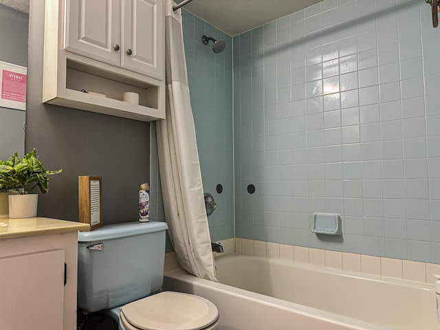 full bath featuring toilet, shower / bathtub combination with curtain, and vanity