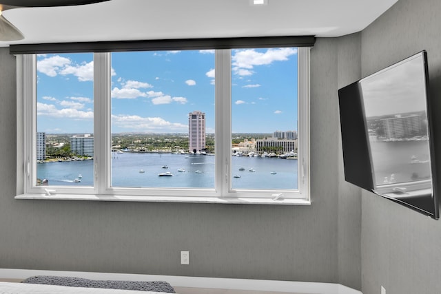 interior space with a city view