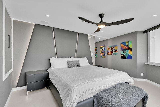 bedroom with recessed lighting, a ceiling fan, and baseboards