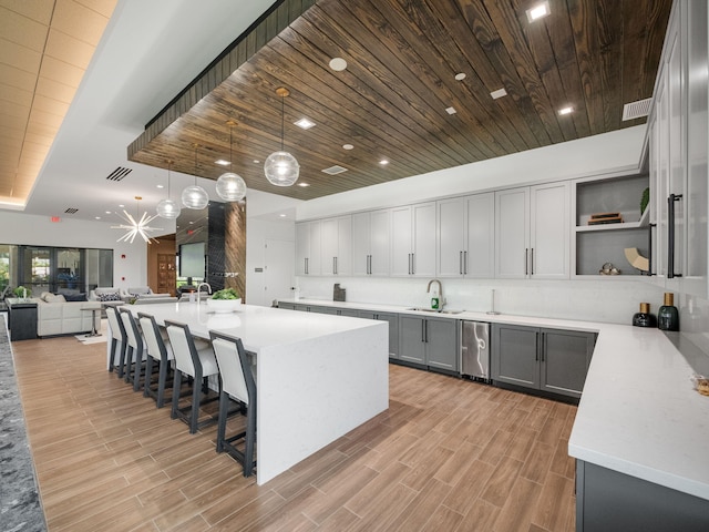 kitchen featuring a sink, visible vents, light countertops, and open shelves
