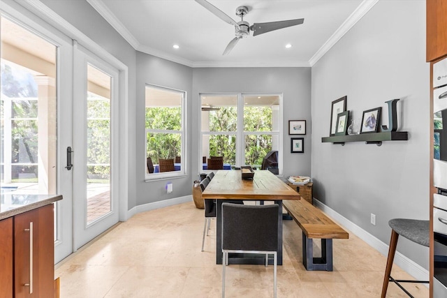 dining area featuring crown molding, baseboards, a ceiling fan, and recessed lighting