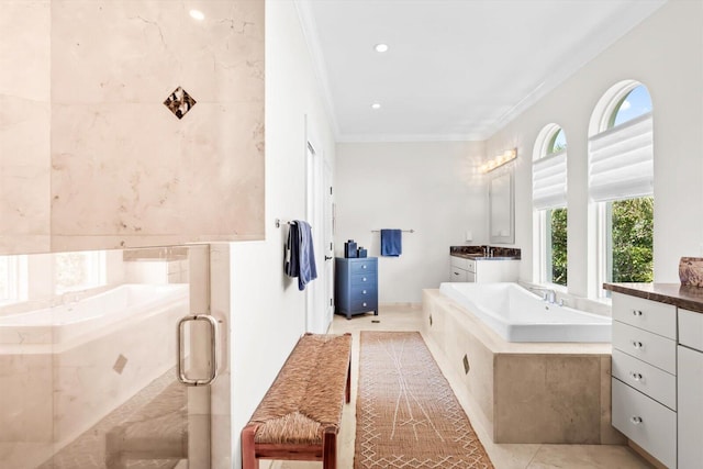 full bath with crown molding, a stall shower, a bath, tile patterned floors, and vanity