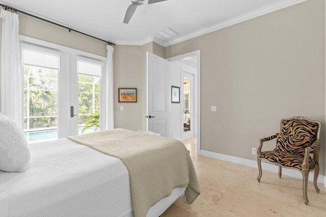 bedroom featuring visible vents, access to exterior, baseboards, ornamental molding, and a ceiling fan