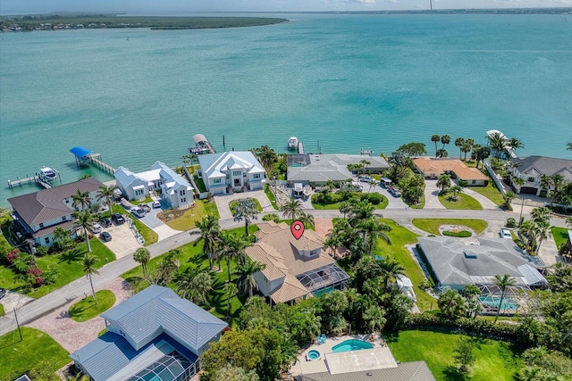 aerial view with a water view and a residential view