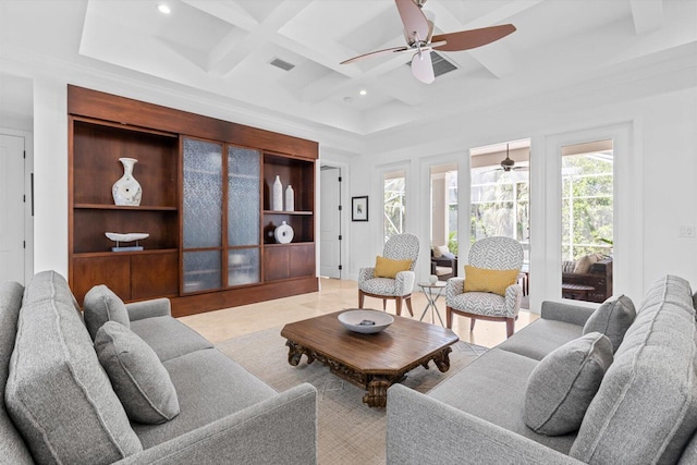 living room featuring beamed ceiling, visible vents, coffered ceiling, recessed lighting, and a ceiling fan