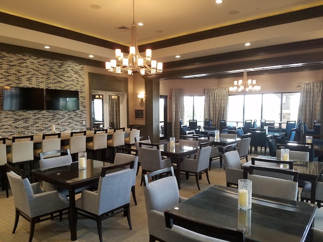 dining space featuring recessed lighting, an inviting chandelier, beam ceiling, and visible vents