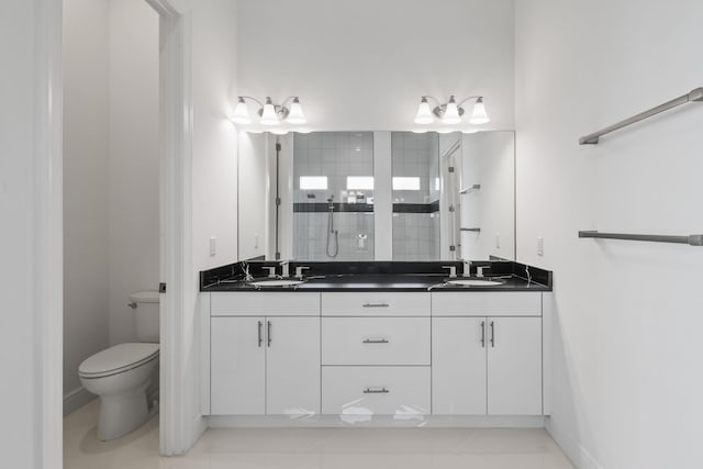 full bath featuring double vanity, toilet, a shower stall, and a sink