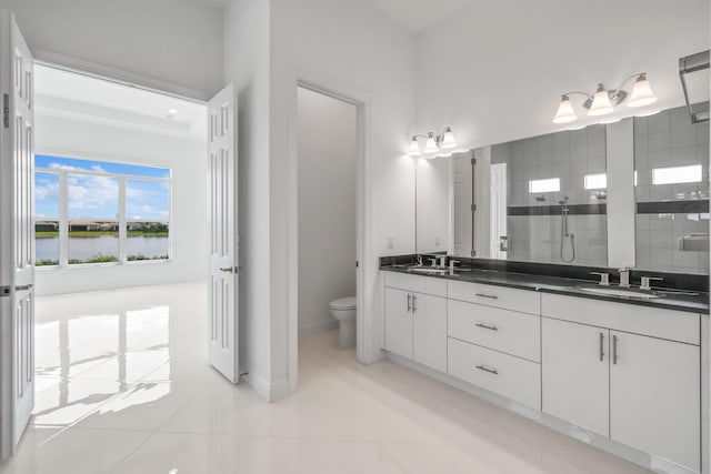 bathroom featuring tiled shower, toilet, double vanity, and a sink