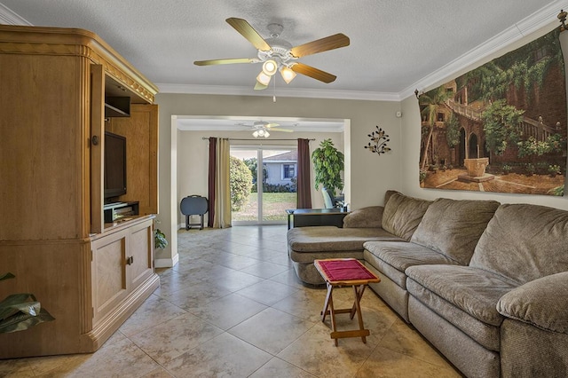 living area featuring light tile patterned floors, a textured ceiling, crown molding, and ceiling fan