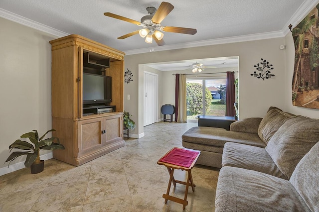 living area featuring a ceiling fan, baseboards, and ornamental molding