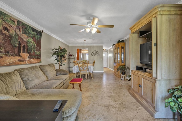 living room featuring crown molding, ceiling fan, light tile patterned flooring, and baseboards
