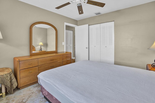 bedroom with visible vents, a closet, and ceiling fan