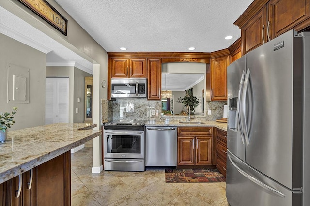 kitchen featuring tasteful backsplash, ornamental molding, electric panel, a sink, and stainless steel appliances