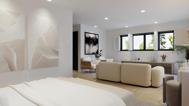 bedroom featuring light wood-type flooring and recessed lighting