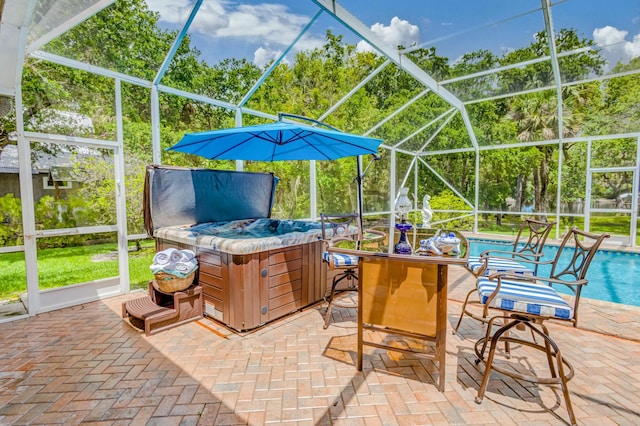 view of patio with a hot tub, a lanai, and an outdoor pool