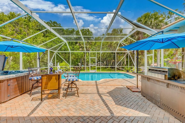 outdoor pool with a patio area, a lanai, and area for grilling