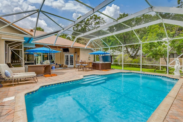 swimming pool featuring french doors, a patio, and glass enclosure