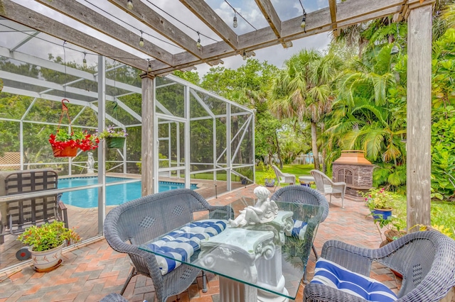 view of patio featuring an outdoor pool, outdoor dining space, and a pergola