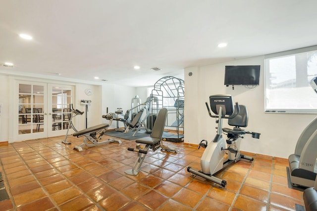 170 N Ocean Blvd Unit 305, Palm Beach, FL 33480 - exercise room with baseboards, recessed lighting, tile patterned flooring, french doors, and visible vents
