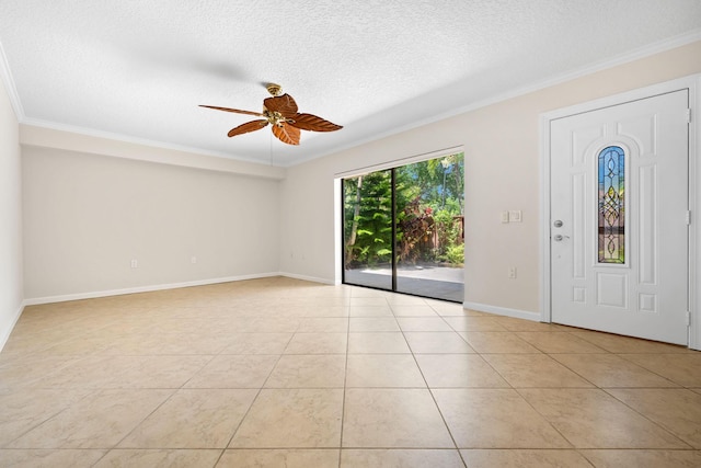 foyer featuring baseboards, a textured ceiling, crown molding, light tile patterned flooring, and ceiling fan