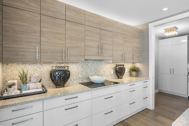 3200 S Ocean Blvd Unit 101, Highland Beach, FL 33487 - kitchen featuring backsplash, wood finished floors, recessed lighting, light stone counters, and modern cabinets