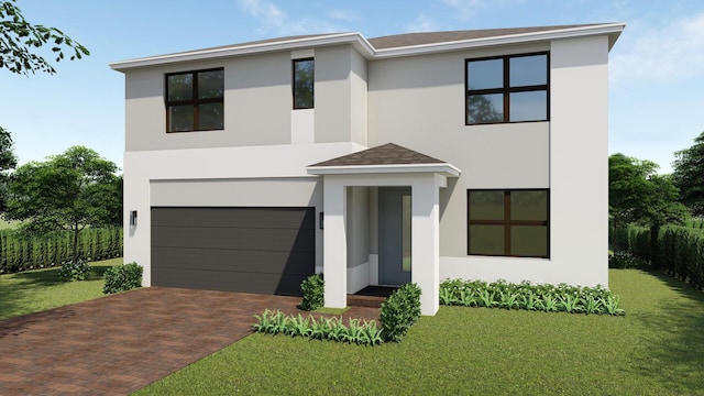 contemporary house featuring an attached garage, a front lawn, decorative driveway, and stucco siding