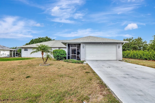 ranch-style home with an attached garage, driveway, stucco siding, and a front yard