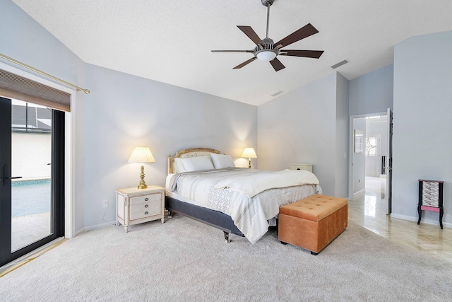 22652 Esplanada Cir W, Boca Raton, FL 33433 - bedroom with access to outside, baseboards, a ceiling fan, and high vaulted ceiling