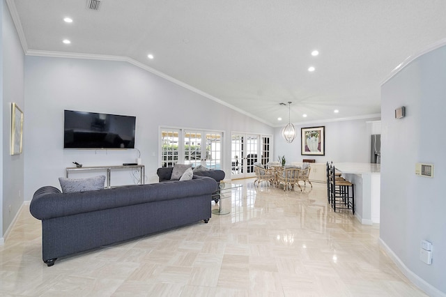 22652 Esplanada Cir W, Boca Raton, FL 33433 - living room with baseboards, recessed lighting, high vaulted ceiling, and crown molding