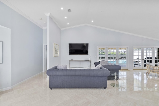 22652 Esplanada Cir W, Boca Raton, FL 33433 - living area featuring baseboards, french doors, high vaulted ceiling, recessed lighting, and ornamental molding
