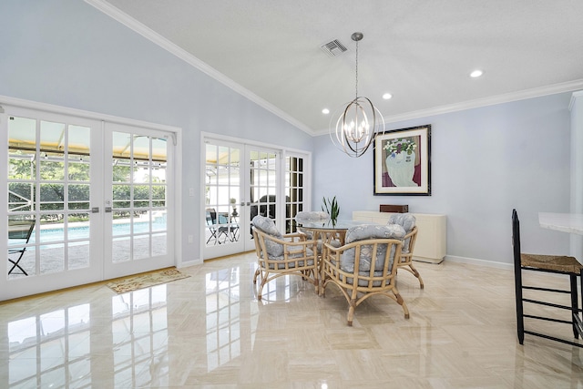 22652 Esplanada Cir W, Boca Raton, FL 33433 - dining room with baseboards, recessed lighting, a chandelier, french doors, and crown molding