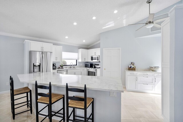 22652 Esplanada Cir W, Boca Raton, FL 33433 - kitchen featuring stainless steel appliances, lofted ceiling, a sink, crown molding, and a ceiling fan