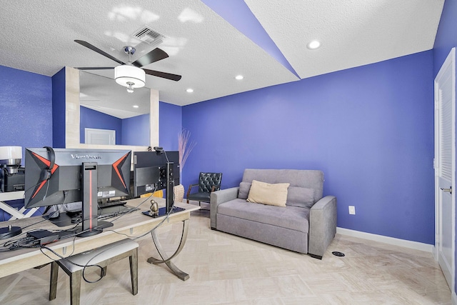 22652 Esplanada Cir W, Boca Raton, FL 33433 - home office with a textured ceiling, ceiling fan, baseboards, and lofted ceiling