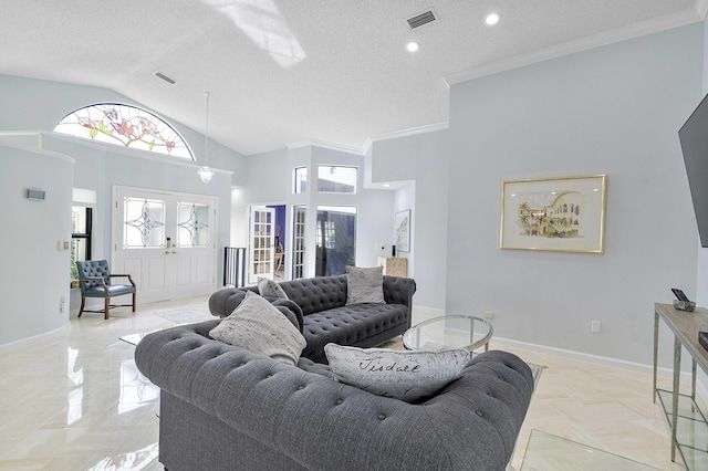 22652 Esplanada Cir W, Boca Raton, FL 33433 - living room with crown molding, baseboards, french doors, a textured ceiling, and high vaulted ceiling
