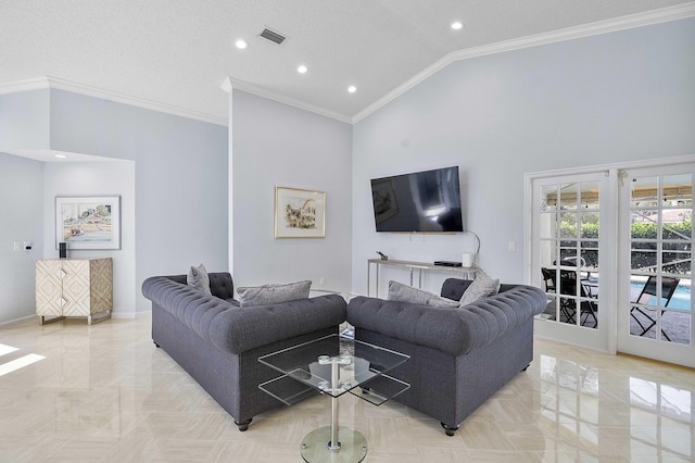 22652 Esplanada Cir W, Boca Raton, FL 33433 - living room with ornamental molding, recessed lighting, high vaulted ceiling, and baseboards