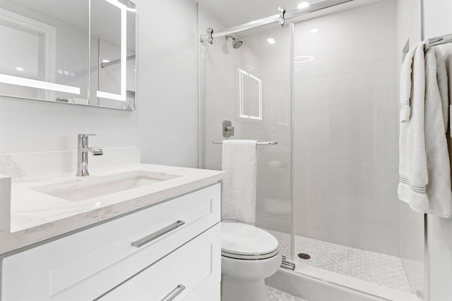 full bathroom with toilet, vanity, and a stall shower