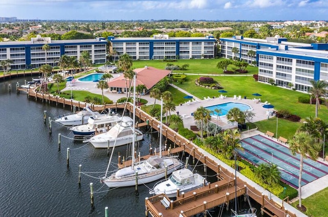 drone / aerial view with a water view