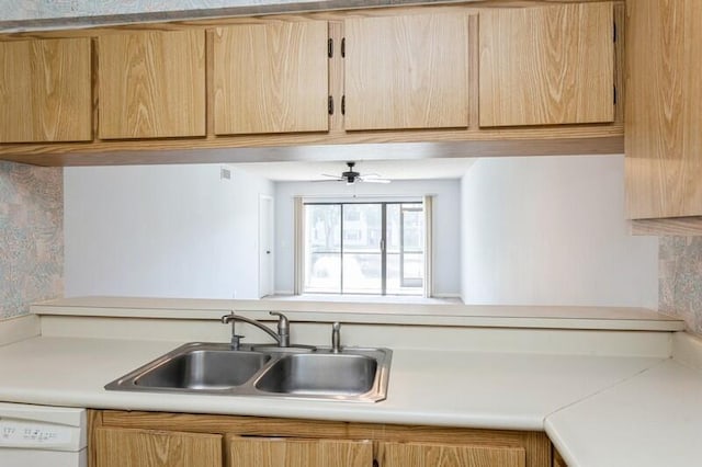 701 Sabal Ridge Cir Unit C, Palm Beach Gardens, FL 33418 - kitchen with white dishwasher, a sink, light countertops, and light brown cabinetry