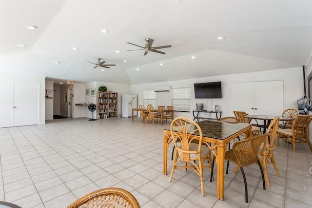 701 Sabal Ridge Cir Unit C, Palm Beach Gardens, FL 33418 - dining room featuring lofted ceiling, a wall unit AC, a ceiling fan, recessed lighting, and light tile patterned flooring