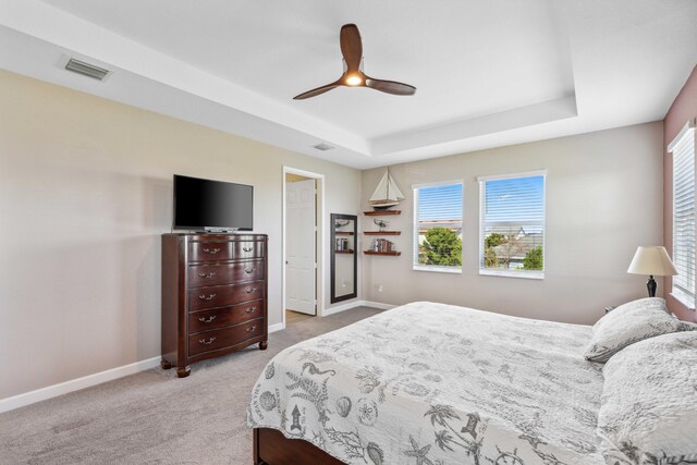 1104 Wandering Willow Way, Loxahatchee, FL 33470 - bedroom with multiple windows, visible vents, light carpet, and a raised ceiling