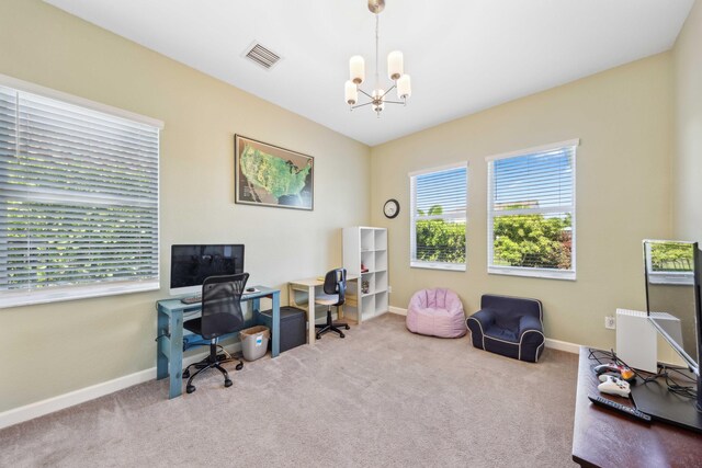 1104 Wandering Willow Way, Loxahatchee, FL 33470 - home office with visible vents, carpet, baseboards, and a notable chandelier