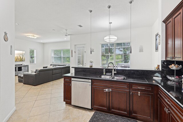 1070 Grove Park Cir, Boynton Beach, FL 33436 - kitchen featuring a peninsula, a sink, open floor plan, dishwasher, and light tile patterned floors