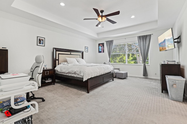 1070 Grove Park Cir, Boynton Beach, FL 33436 - bedroom with recessed lighting, carpet, a tray ceiling, a ceiling fan, and baseboards