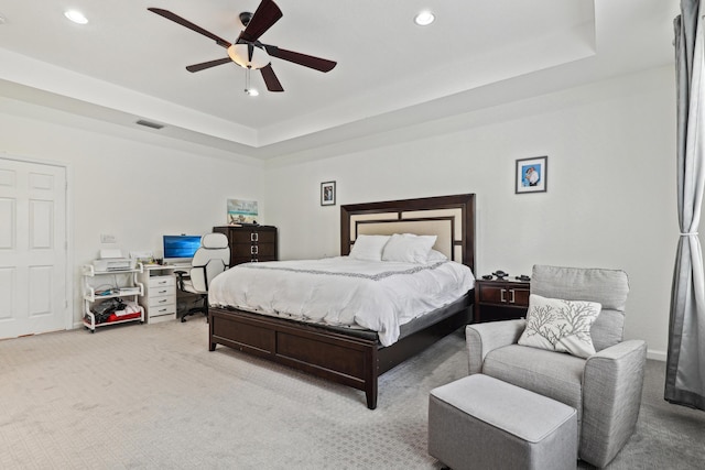 1070 Grove Park Cir, Boynton Beach, FL 33436 - bedroom with light carpet, recessed lighting, a raised ceiling, and ceiling fan