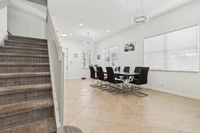 1070 Grove Park Cir, Boynton Beach, FL 33436 - dining area with recessed lighting, stairway, an inviting chandelier, light tile patterned floors, and baseboards