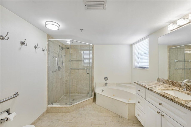 7572 Regency Lake Dr Unit 501, Boca Raton, FL 33433 - full bath with a jetted tub, a stall shower, vanity, and tile patterned flooring