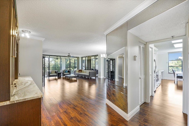 7572 Regency Lake Dr Unit 501, Boca Raton, FL 33433 - corridor featuring a textured ceiling, ornamental molding, dark wood-type flooring, plenty of natural light, and baseboards