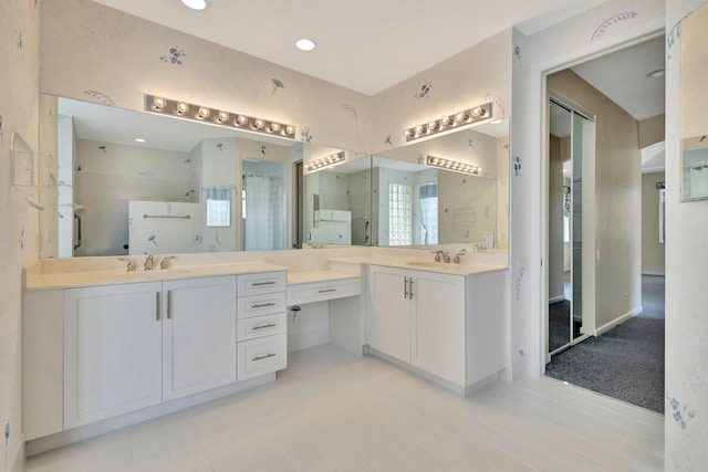 5266 Landon Cir, Boynton Beach, FL 33437 - full bath with a shower stall, two vanities, a sink, and tile patterned floors