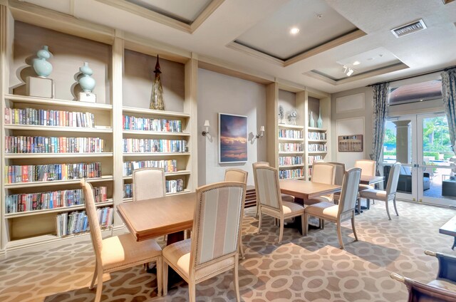 5266 Landon Cir, Boynton Beach, FL 33437 - interior space with built in shelves, visible vents, french doors, and coffered ceiling