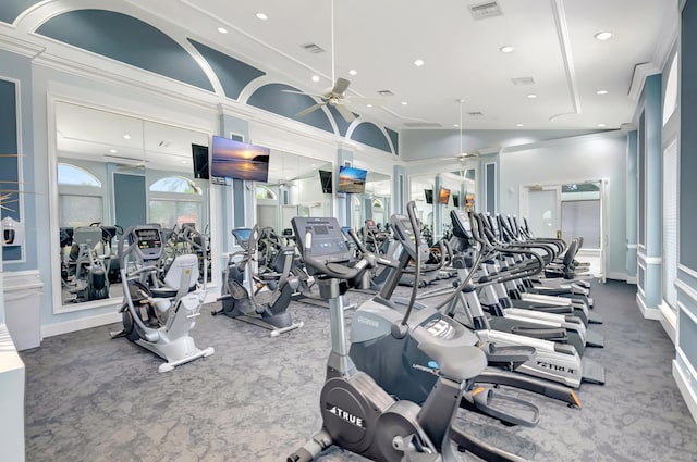 5266 Landon Cir, Boynton Beach, FL 33437 - exercise room featuring ornamental molding, recessed lighting, a ceiling fan, visible vents, and carpet